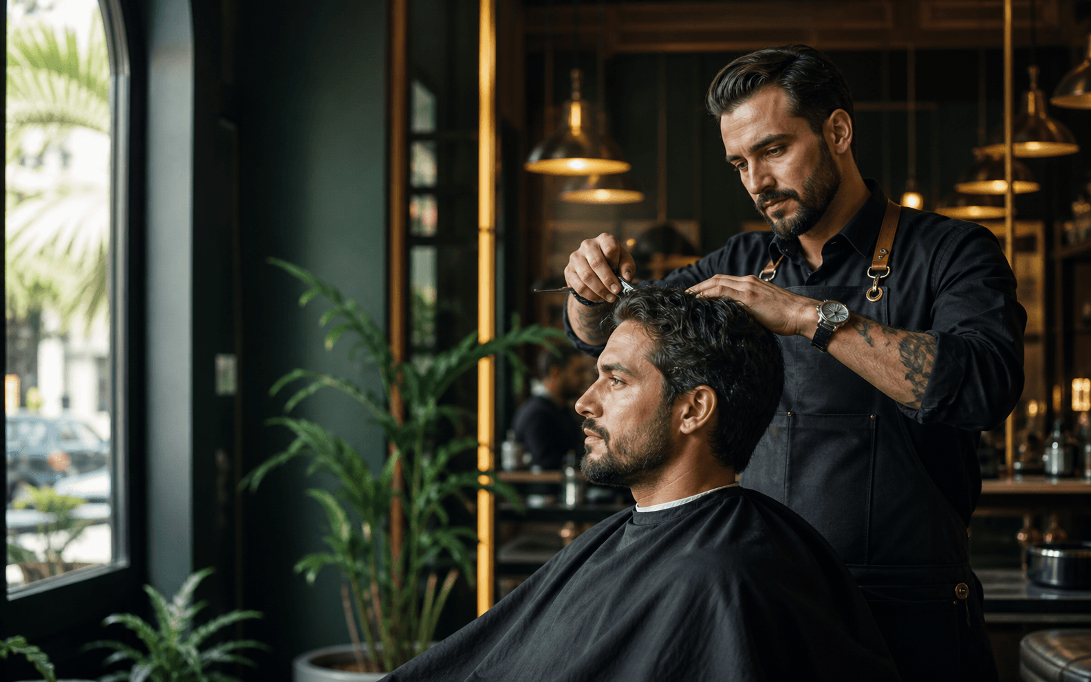 Barbeiro atendendo um cliente em uma barbearia elegante